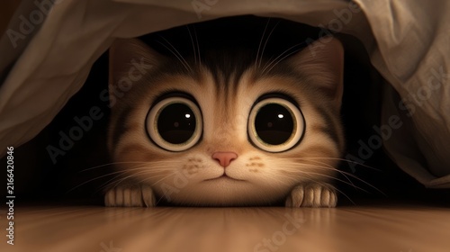 Cute kitten peeking from blanket, home interior, dark background, pet adoption