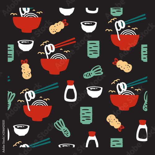 Japanese Udon and Tempura Pattern for Restaurant. Perfect for Japanese restaurant branding, ramen shops, sushi bars, menus, food packaging, kitchen textiles, wallpaper, stationery, etc