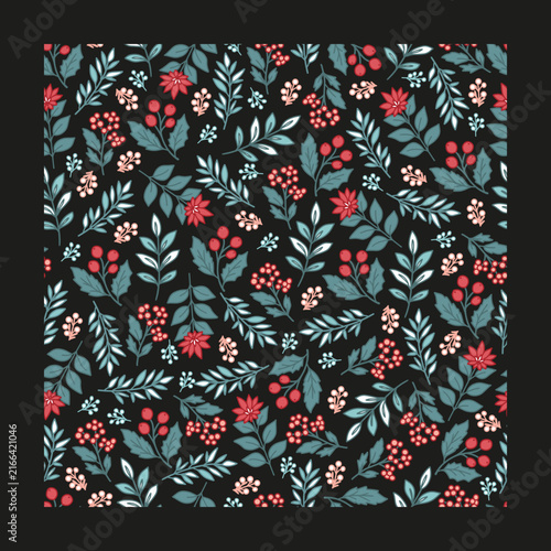 Festive Winter Floral and Berry Branch Pattern. Ideal for wrapping paper, home decor, textile design, and holiday collections.