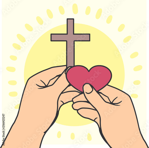 Hands Holding Cross and Heart Religious Faith. Ideal for religious designs, church materials, Bible themes, worship graphics, faith-based content, and inspirational projects.
