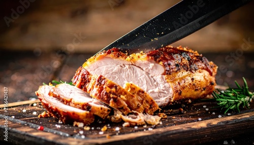Roasted pork chop on wooden board.