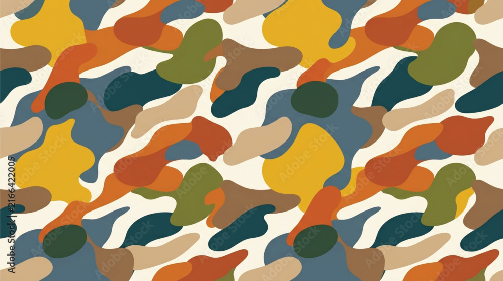 Fototapeta premium Vibrant seamless camouflage pattern featuring abstract organic shapes in orange yellow and green for versatile textile backdrops