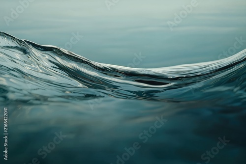 Low-angle close-up of a gently rolling ocean wave showing smooth reflective water surface and subtle ripples. Muted teal and gray tones create a tranquil mood
