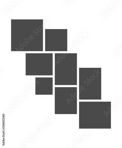 Modern asymmetrical square and rectangular photo board layout set with 8 blank picture placeholders.