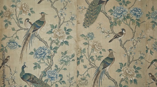 Vintage wallpaper pattern with peacocks and birds on branches with flowers.