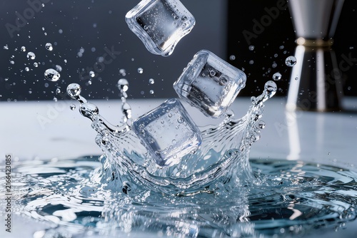 Three clear ice cubes falling into a reflective water surface, creating a crown-shaped splash with suspended droplets and ripples; studio-lit scene with cool