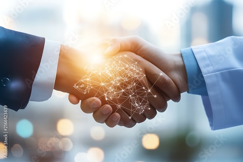 Business professionals shaking hands with digital network overlay symbolizing partnership.