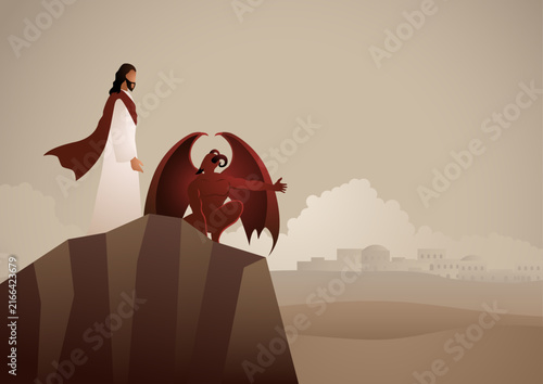 Jesus Christ confronting Satan on a mountain, symbolizing spiritual warfare, temptation, victory over evil, and the triumph of good over darkness.