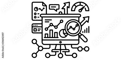 Business presentation analytics line icon with project screen, magnifying glass, performance gauge, report document, pie chart, and growth trends