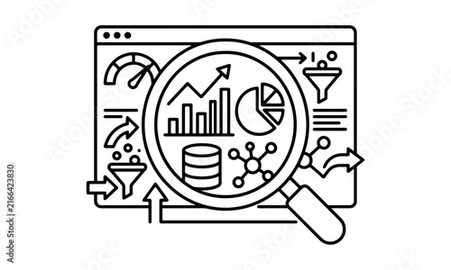 SEO audit and web analytics line icon with magnifying glass, browser dashboard, sales funnel, growth chart, pie chart, database, and gauge