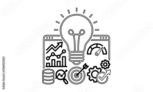 Business innovation and data analytics line icon with glowing light bulb idea, website dashboard, target bullseye, performance gauge, gears, and database