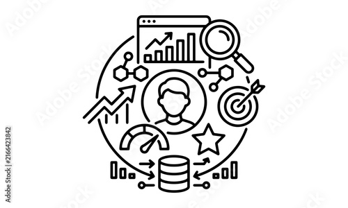 User profile analytics line icon with customer avatar, web dashboard, target bullseye, gauge, database, star award, and growth chart