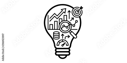 User analytics and customer profile line icon with website dashboard, target bullseye, performance gauge, database, star award, and growth chart
