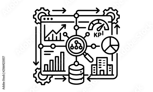 KPI performance dashboard line icon with data hierarchy nodes, database, gauge, growth charts, gears, and corporate building