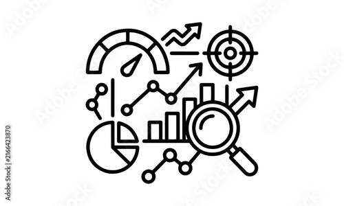 Performance analytics and SEO research line icon with gauge, magnifying glass, target bullseye, bar chart, pie chart, and growth arrows