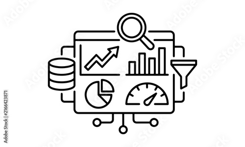 Data analytics dashboard line icon with database, performance gauge, sales funnel, magnifying glass, pie chart, and growth trend