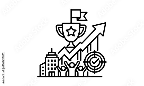 Corporate success and team victory line icon with star trophy, milestone flag, growth arrow, target check, cheerful people, and skyscraper