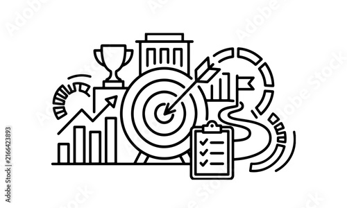 Target achievement and business roadmap line icon banner with archery bullseye, arrow, clipboard checklist, trophy, growth chart, and building