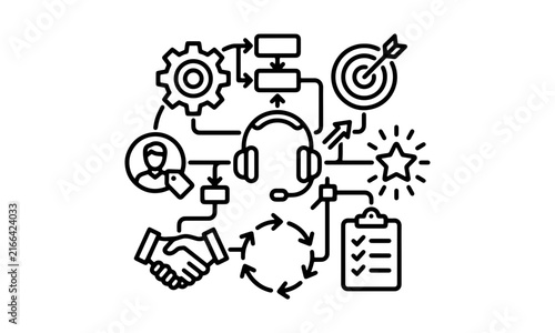 Customer service and CRM management line icon with headset, process flowchart, handshake, clipboard checklist, star rating, and target