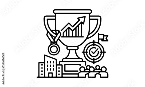 Business success award trophy line icon with medal, growth chart, target flag, corporate buildings, and team members