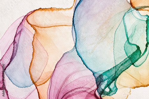 Soft layered ink and watercolor washes creating translucent organic shapes across textured paper. Flowing forms in teal, pink, orange and purple overlap