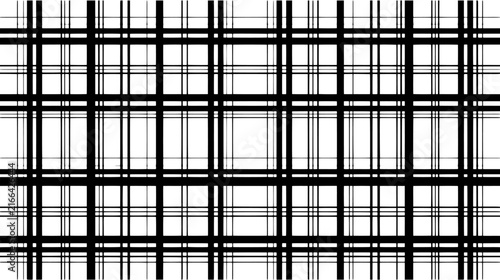 Tartan plaid pattern in a simple black and white line art style. Editable vector illustration featuring a geometric grid of crossing vertical and horizontal stripes.