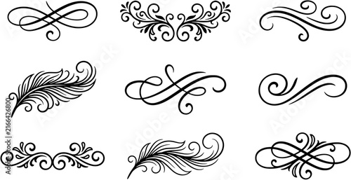 Swirl and flourish ornament set in a vintage calligraphic style including floral dividers, feathers and decorative scrolls.
