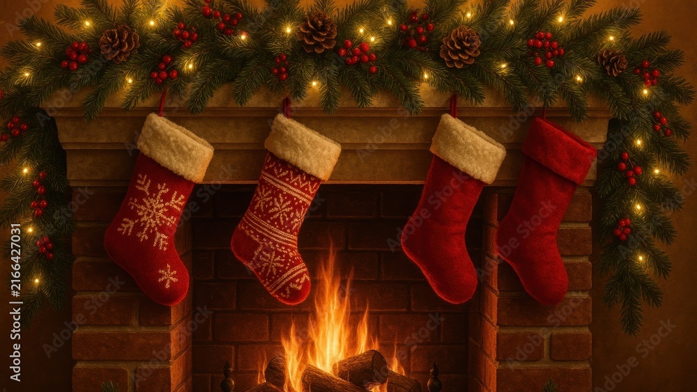 Fototapeta premium Cozy festive fireplace scene.