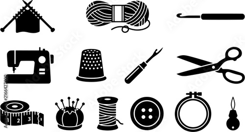Sewing and knitting icon set in a flat black silhouette style including yarn, sewing machine, scissors, needle, thread, buttons and measuring tape.