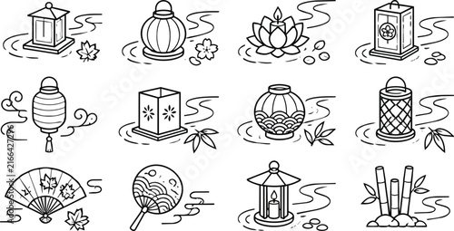 Japanese lantern and fan icon set in outline style