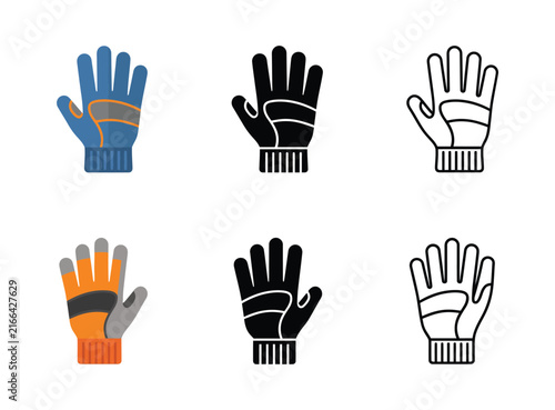 Set of winter work gloves icons in flat color line and silhouette style for clothing design