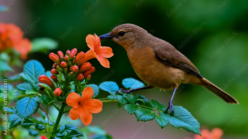 Naklejka premium A brown bird perched on a branch of a flowering plant