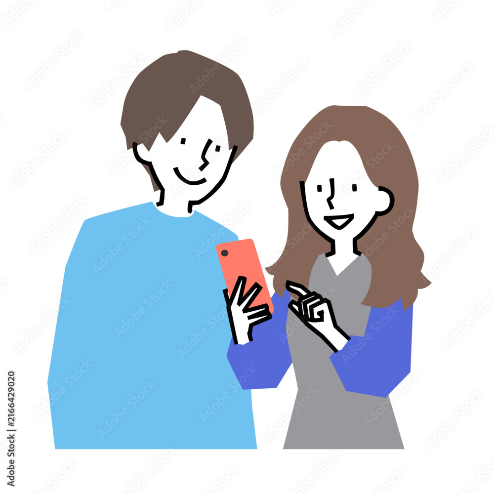Obraz premium スマートフォンを一緒に見る若い男女のイラスト