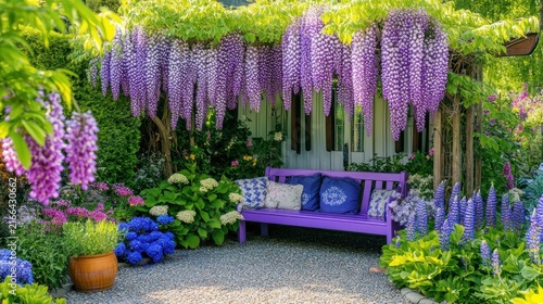 Serene Purple Garden Haven: Blooming Wisteria and Tranquil Bench