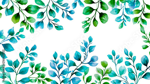 A digital illustration featuring a repeating pattern of stylized leaves in shades of blue and green