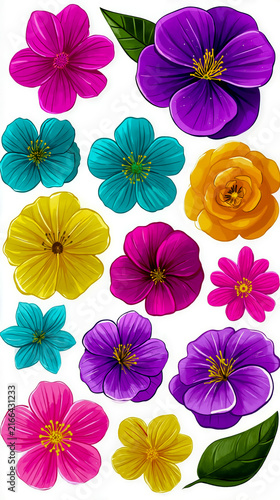A colorful illustration of various flowers and leaves