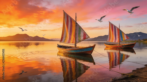 Colorful sailboats on calm water at sunset with vibrant sky and birds flying