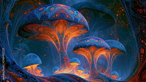 Hallucinogenic fractal landscape with glowing mushrooms, infinite geometric patterns and neon colors creating a surreal psychedelic fantasy atmosphere.