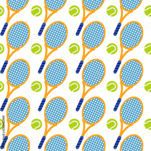 Seamless pattern with tennis rackets and tennis balls on a white background