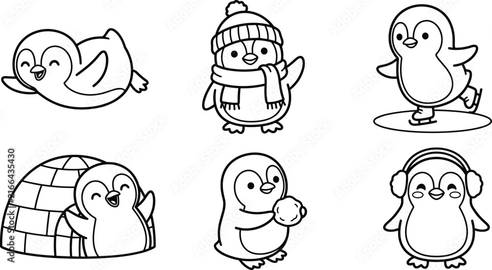 Fototapeta premium Cute penguin collection featuring playful winter characters, ice skating penguins, igloo, scarf, earmuffs and cartoon arctic animals line art vector illustration