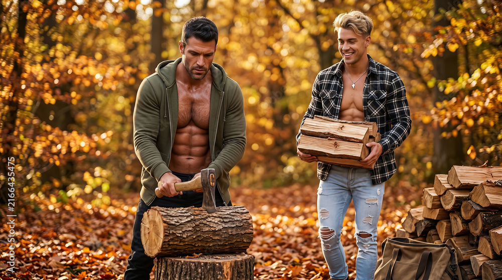 Fototapeta premium Two Caucasian men chopping and carrying firewood logs in autumn forest. Concept of wood cutting lumberjack work, rural country living, forestry fitness, and friendship.