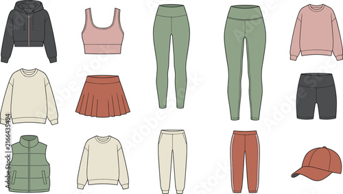 Casual clothing collection featuring hoodies, tank top, leggings, sweaters, skirt, shorts, vest and baseball cap in minimalist flat vector illustration