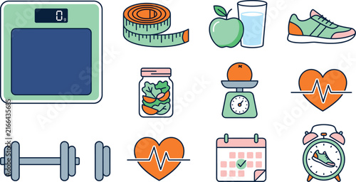 Healthy lifestyle and fitness essentials collection featuring digital scale, measuring tape, healthy food, running shoes, dumbbells, heart and wellness icons
