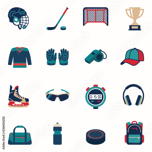 Ice Hockey Gear Equipment and Sports Accessories Flat Vector Icons
