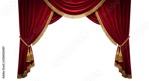 Red velvet curtains with gold trim are dramatically draped against black