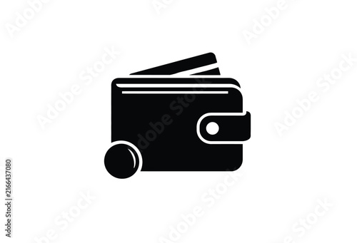 Black silhouette of a wallet with cards and coin on white background