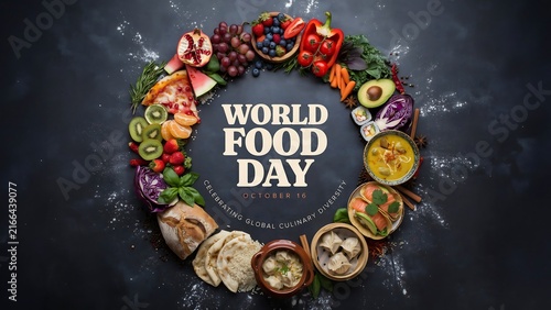 World food day celebration with colorful fruits and vegetables arrangement