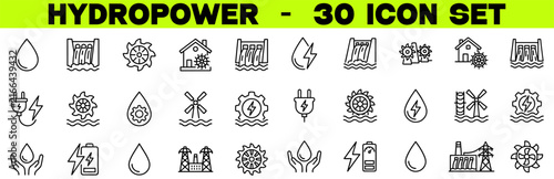 Hydropower Icon Set — Editable Stroke Vector Icons of Hydroelectric Energy, Dam, Turbine, Generator and Renewable Energy for Sustainable Power Design