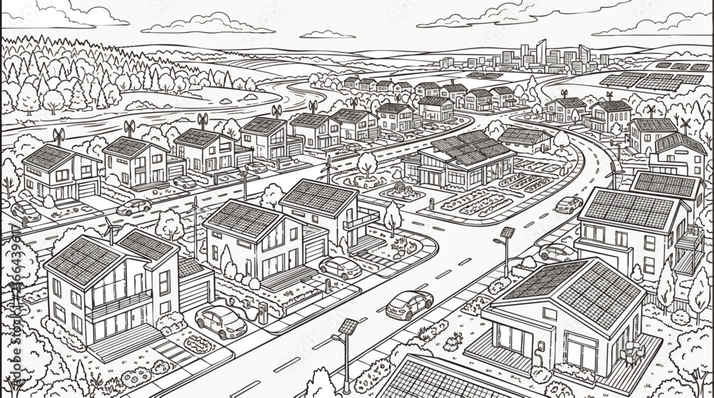 Fototapeta premium Detailed line-art illustration of an eco-friendly suburban neighborhood with rooftop solar panels and wind turbines, concept for sustainable living, suitable for coloring pages, educational posters,