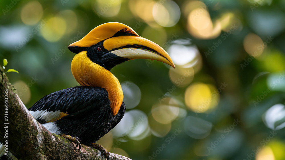 Fototapeta premium Brightly colored bird perched on a tree branch in a green forest